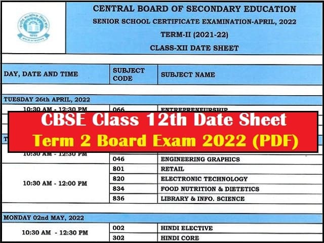 CBSE Class 12th Date Sheet 2022 (Term 2)